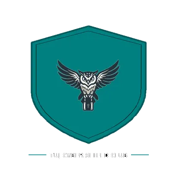 The full TUJ Cyber Shield Club crest: an owl holding a padlock on a teal shield above the club wordmark